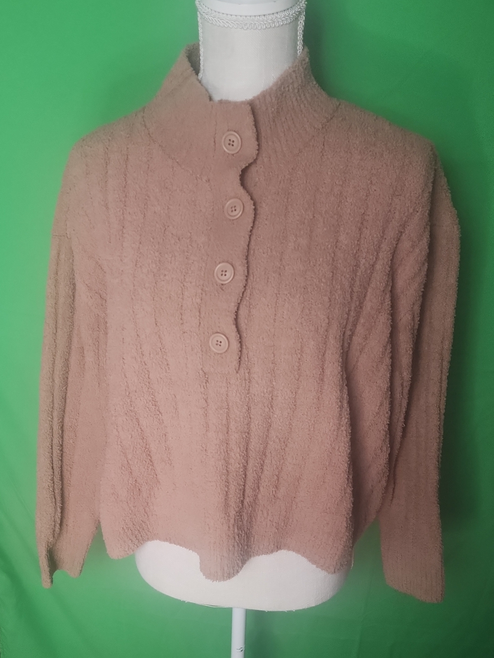 LA Hearts Pink Chenille Ribbed Mock Neck Henley Sweater - RN 09023 Small